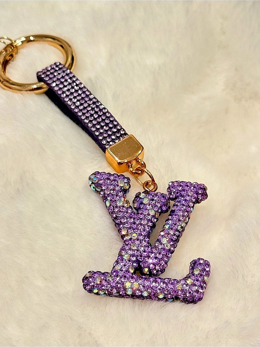 Purple L V Crystal Initial Keychain